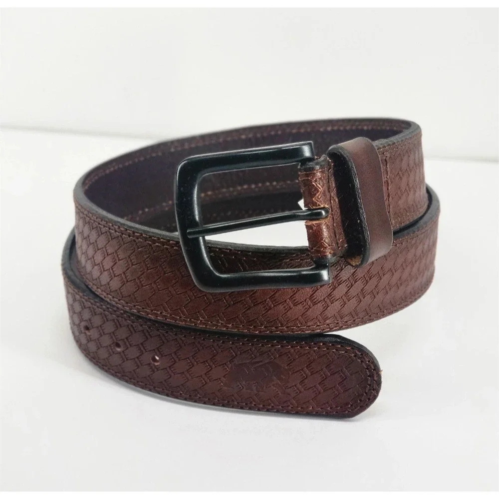 Berne Workwear Mens Brown Basket Weave Leather Belt Black Buckle Size 38 NWT